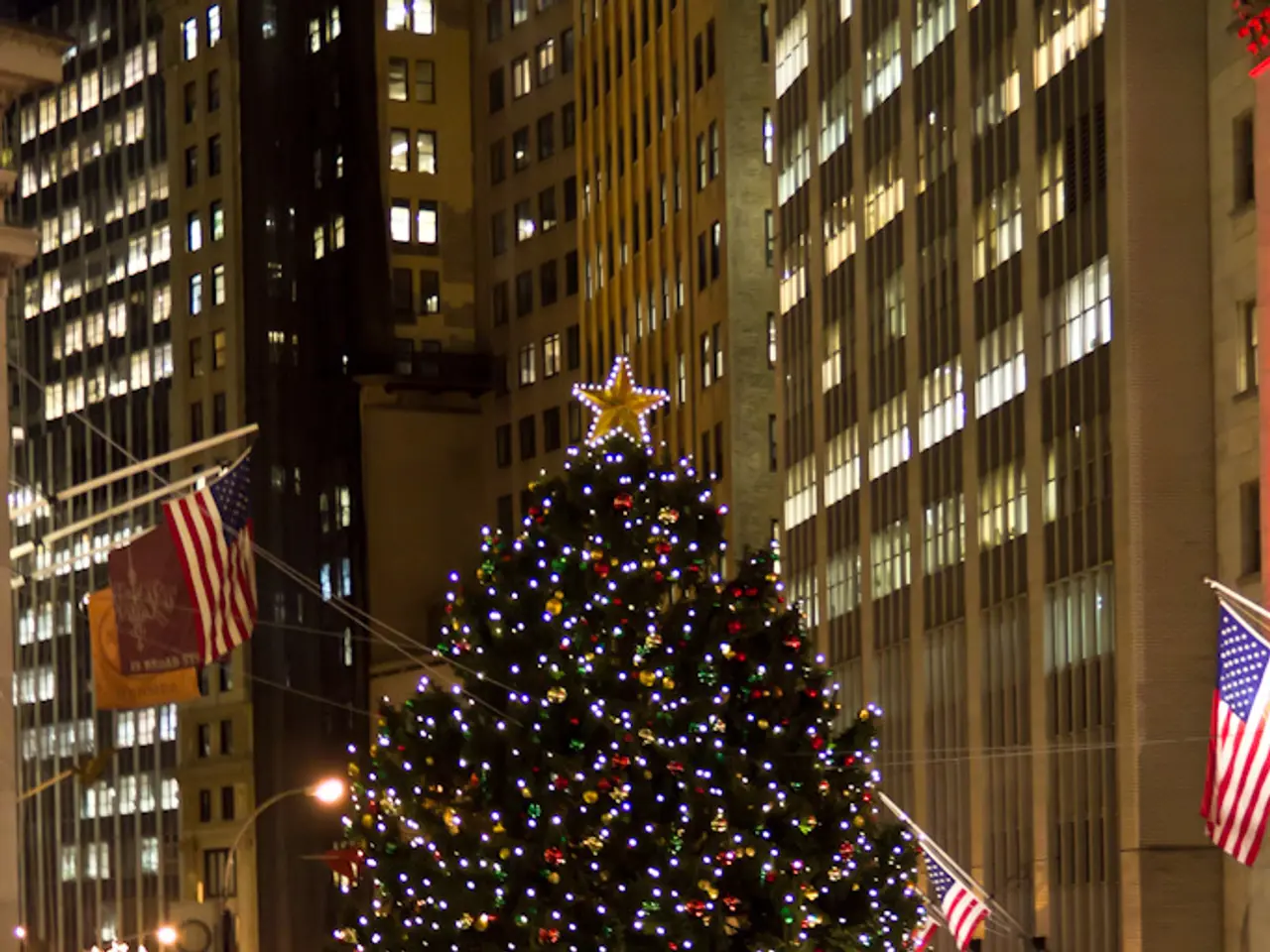 In the middle of this image, there is a Christmas tree arranged on the road, on which there are...