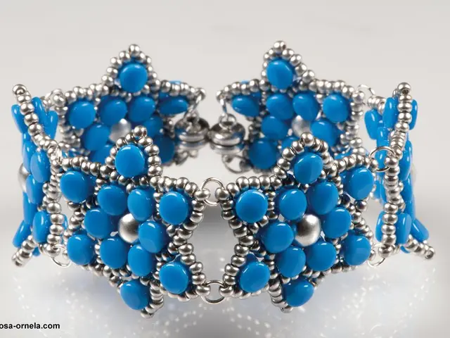 In the center of this picture we can see a bracelet studded with the blue color pearls. In the...