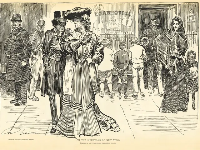 The image is a painting. The picture is taken on a footpath. On the footpath there are lot of...