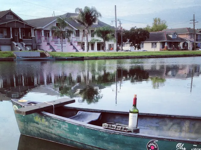 There is a boat in the center of the image on the water surface and there is a bottle on the boat...