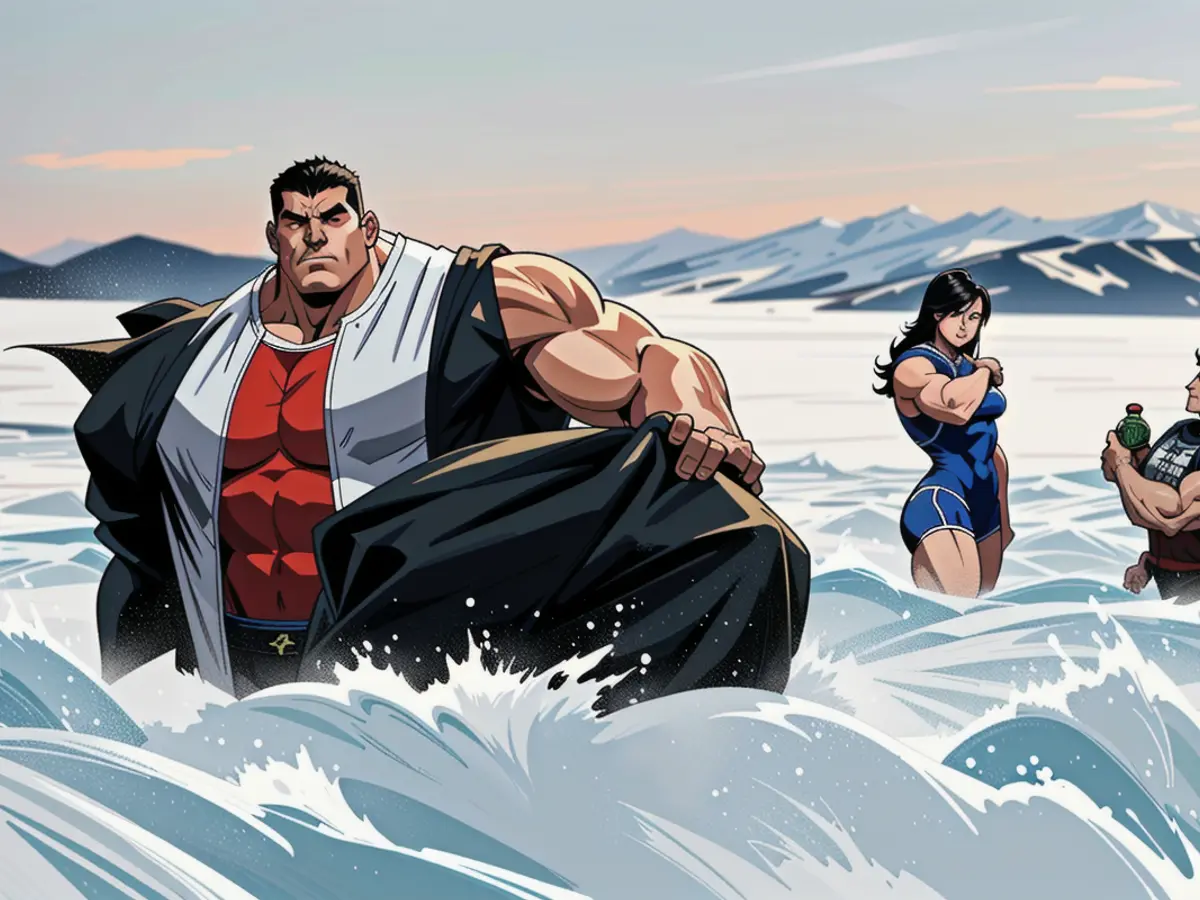 Visual representation: A figure emblazoned with a defiant symbol, standing tall amidst a backdrop of swirling chaos and conflict, exuding a sense of determination and resistance. Participants exceeded one hundred in yesterday's New Year's Eve swim at Nauthólsvík.