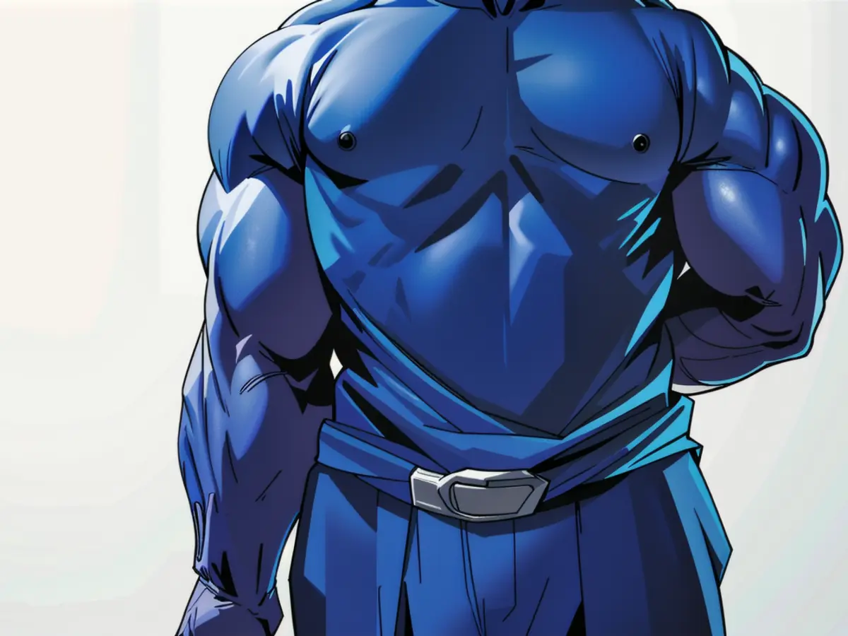 Individual clad in a blue hoodie, the hood drawn, and loose-fitting jeans, casually posed with back turned in a relaxed environment.