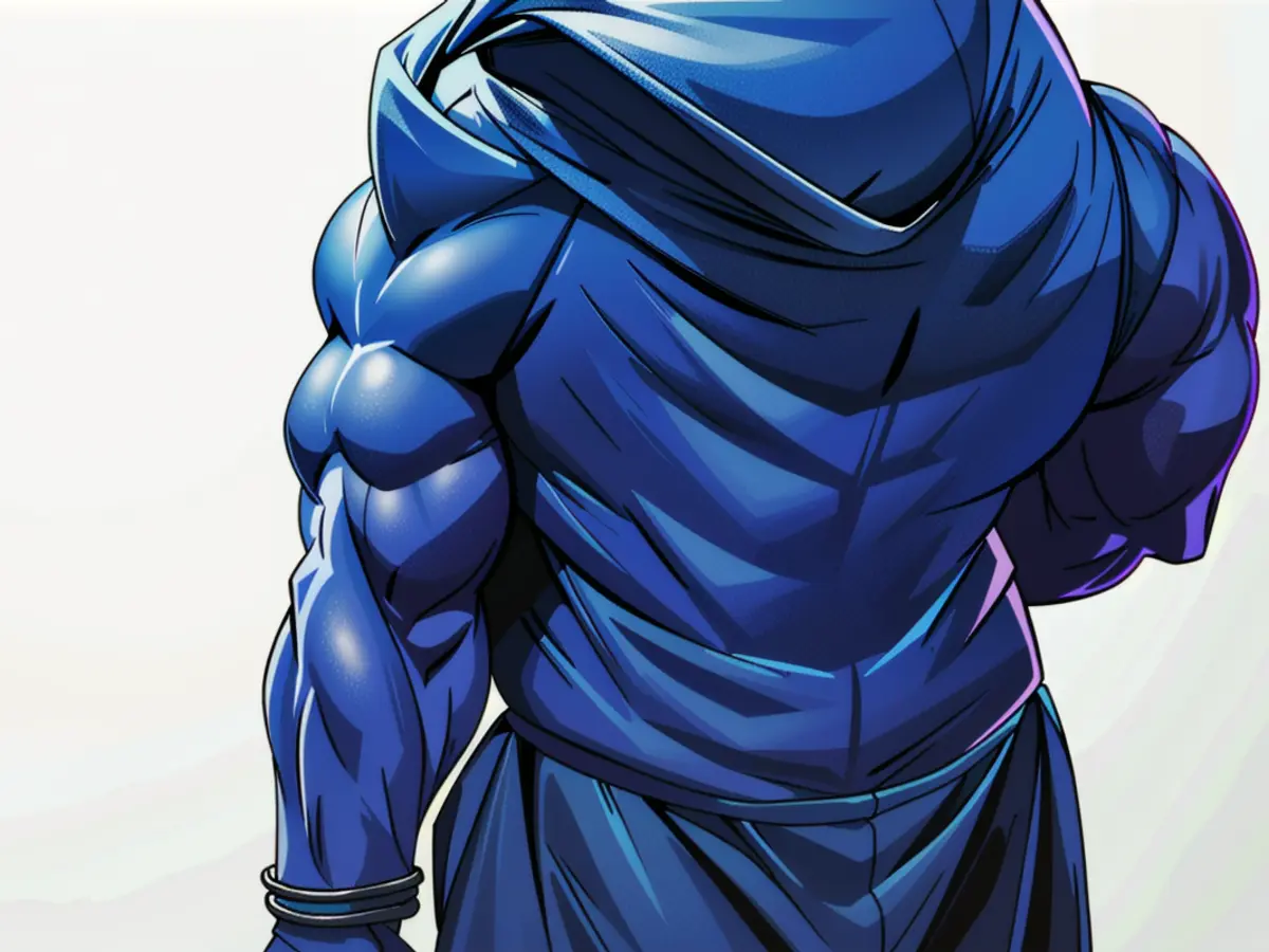 Individual in casual attire, armed with a blue hoodie pulled over head and loose-fitting jeans, casually posed in ordinary scenario, with back turned.